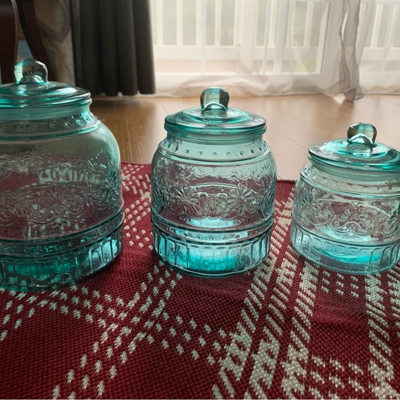 The Pioneer Woman Cassie Glass Canisterr 3 Pc Set, Teal - Picture 2 of 8